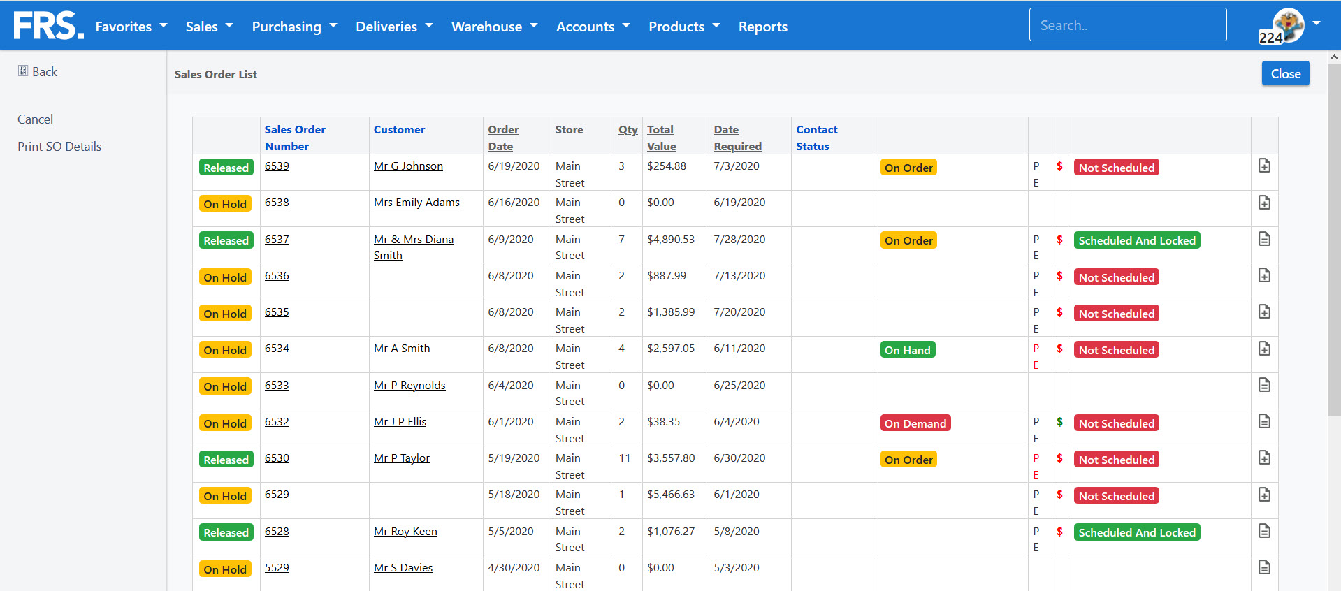 FRS order search results