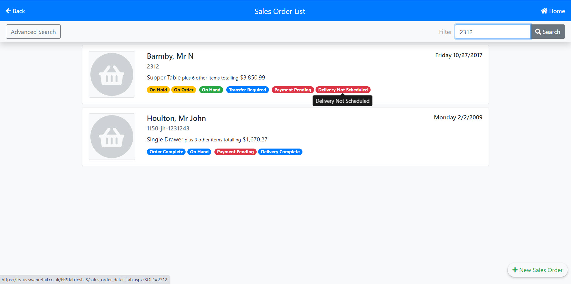 FRS order search results