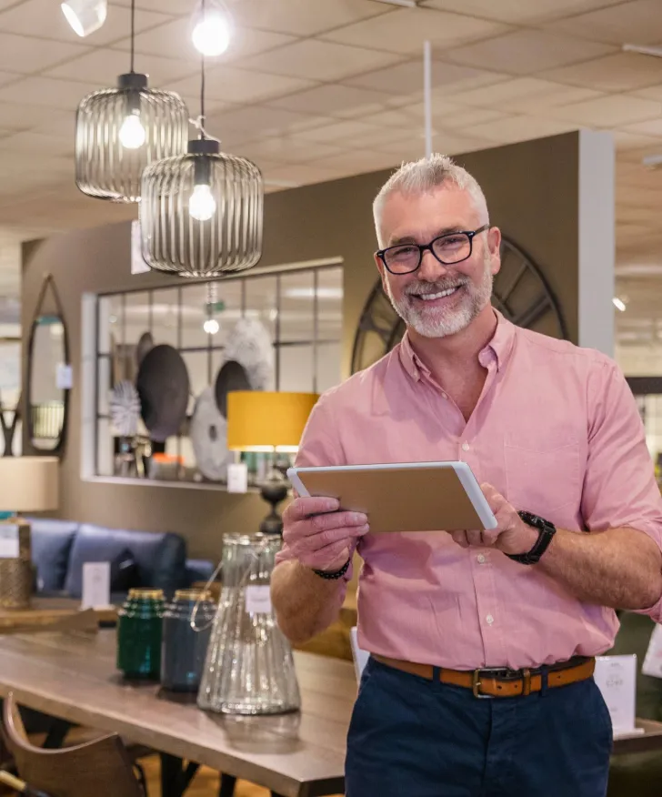 Retailer reviewing customer data on a tablet in a lighting showroom