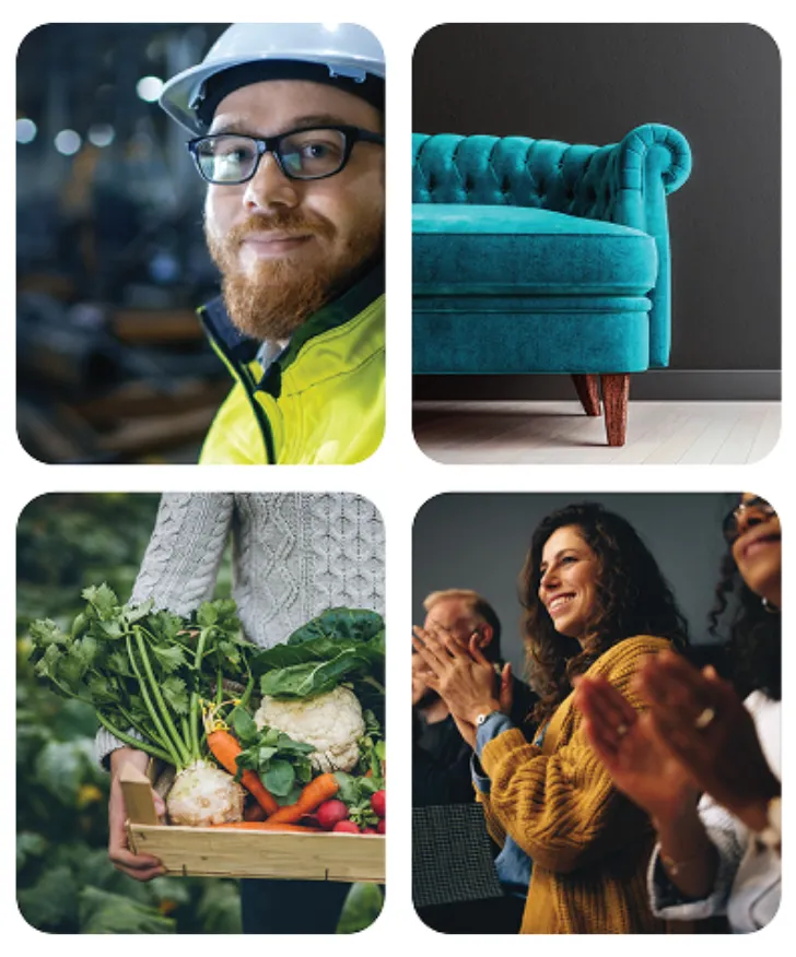 Four photographs of the industries ClearCourse serves — a worker in a hard hat and hi-vis jacket, a velvet sofa in a furniture showroom, a crate of freshly picked vegetables, and colleagues applauding at a meeting